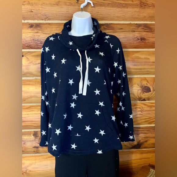 Ultra Flirt Tops - Ultra Flirt Navy Blue Fleece Pullover Hoodie with White Stars Patriot Medium
